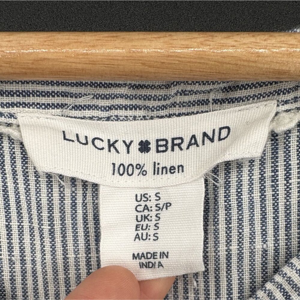 Lucky Brand 100% Linen Striped Sleeveless Tiered Dress S Blue White Sundress - Picture 4 of 7